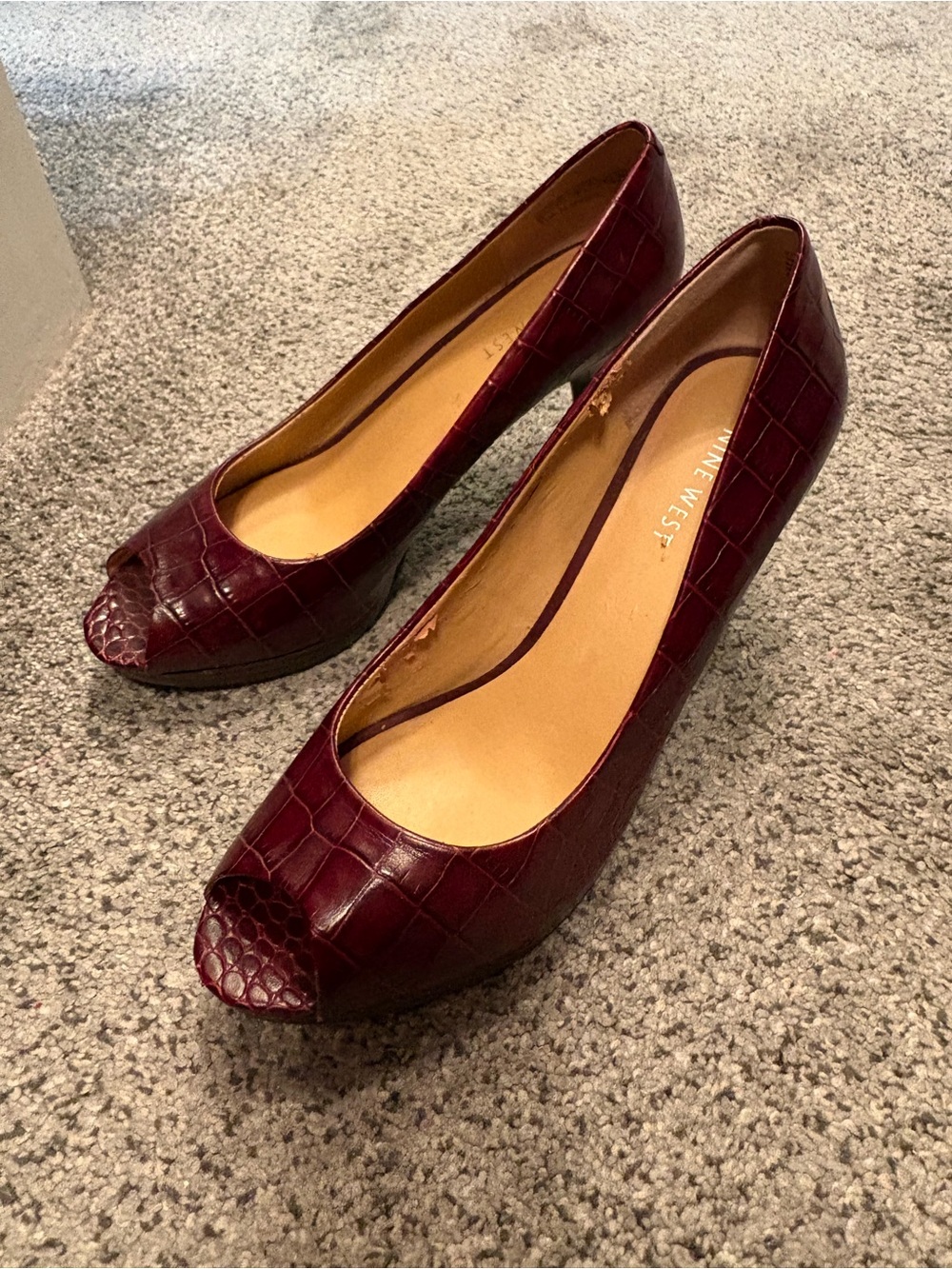 Nine West Wine Croc-Embossed Peep-Toe Pumps with Hidden Platform